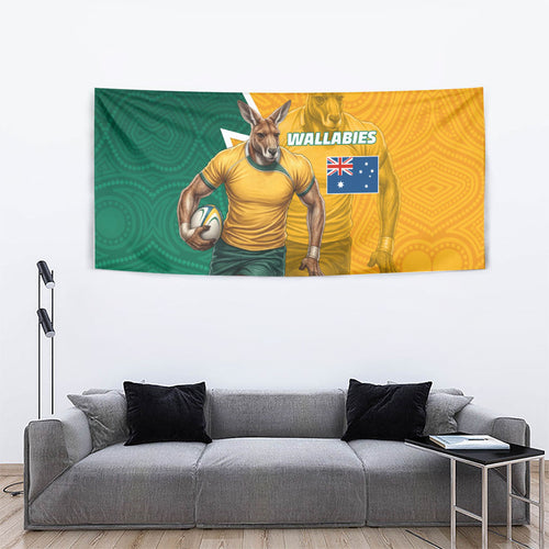 Australia Wallabies Kangaroo Tapestry Australia Flag And Lightning Bolt - Aboriginal Rugby Mascot