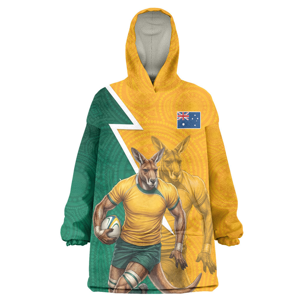 Australia Wallabies Kangaroo Wearable Blanket Hoodie Australia Flag And Lightning Bolt - Aboriginal Rugby Mascot