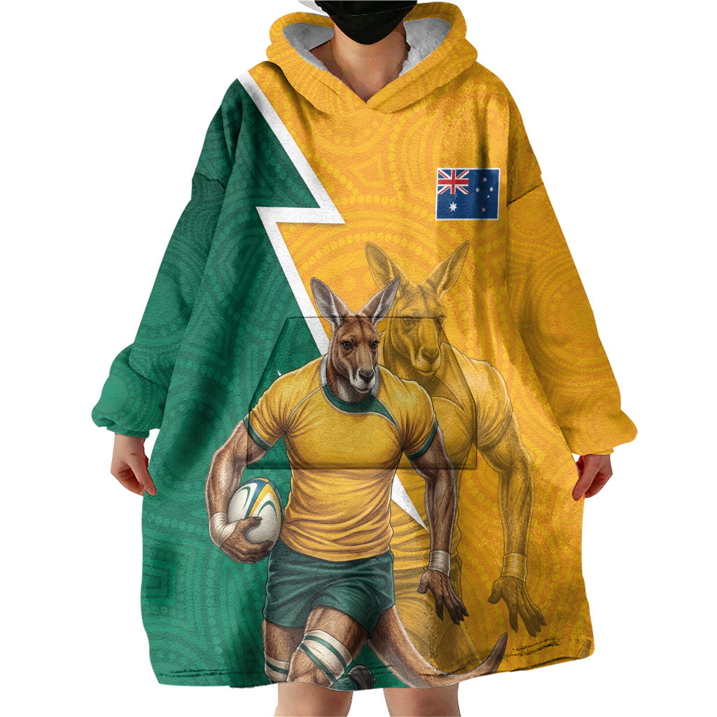 Australia Wallabies Kangaroo Wearable Blanket Hoodie Australia Flag And Lightning Bolt - Aboriginal Rugby Mascot
