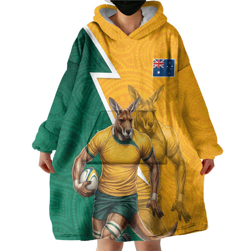 Australia Wallabies Kangaroo Wearable Blanket Hoodie Australia Flag And Lightning Bolt - Aboriginal Rugby Mascot