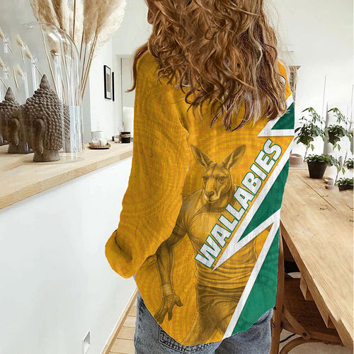 Australia Wallabies Kangaroo Women Casual Shirt Australia Flag And Lightning Bolt - Aboriginal Rugby Mascot