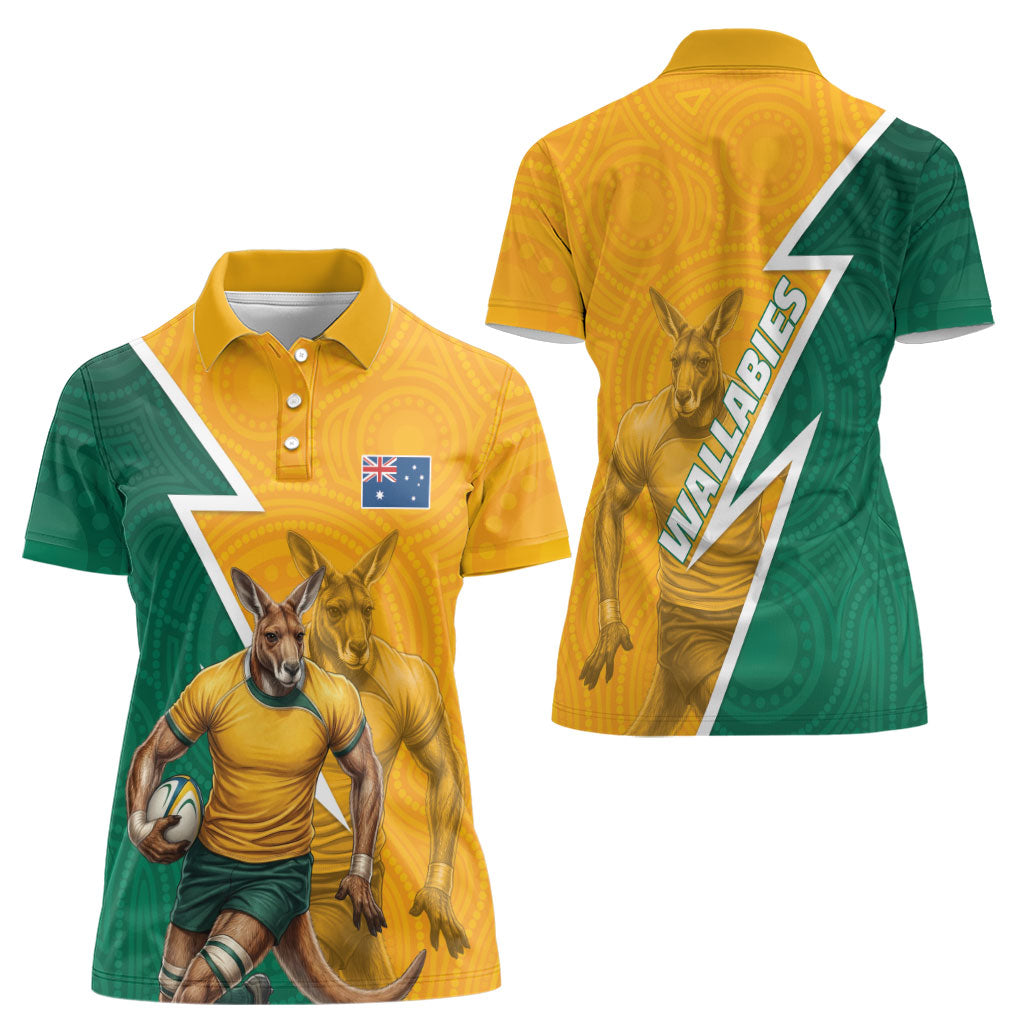 Australia Wallabies Kangaroo Women Polo Shirt Australia Flag And Lightning Bolt - Aboriginal Rugby Mascot