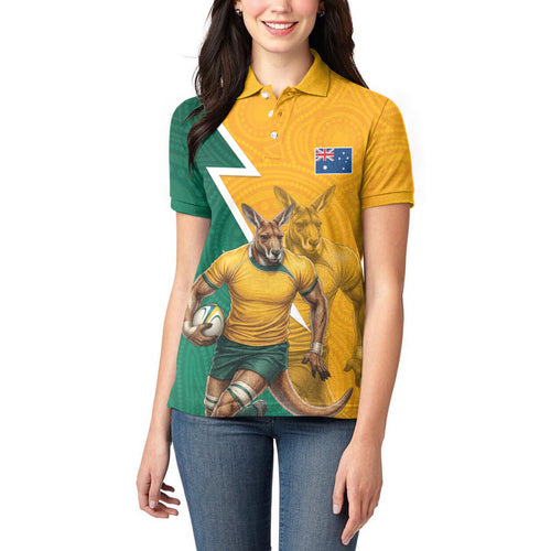 Australia Wallabies Kangaroo Women Polo Shirt Australia Flag And Lightning Bolt - Aboriginal Rugby Mascot