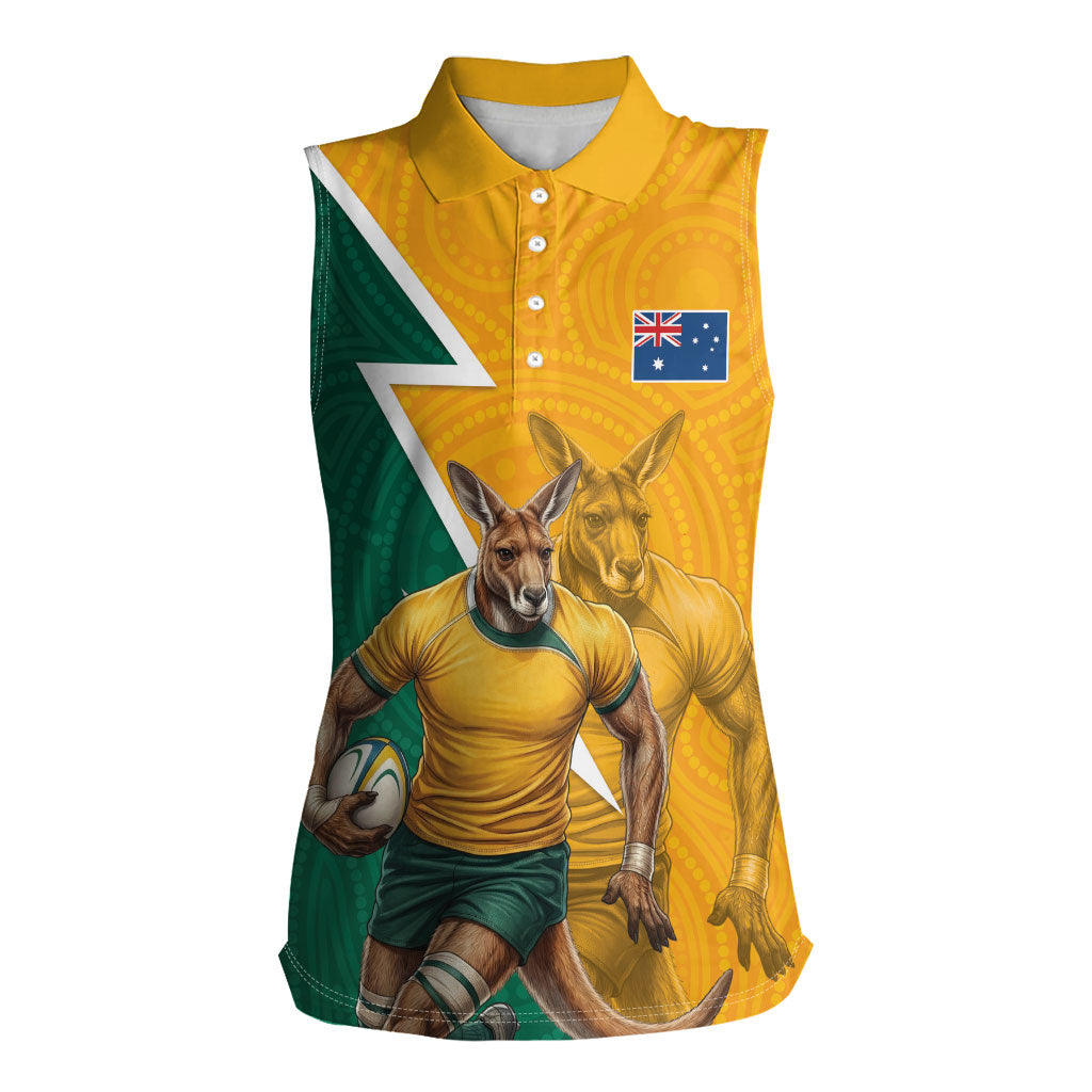 Australia Wallabies Kangaroo Women Sleeveless Polo Shirt Australia Flag And Lightning Bolt - Aboriginal Rugby Mascot