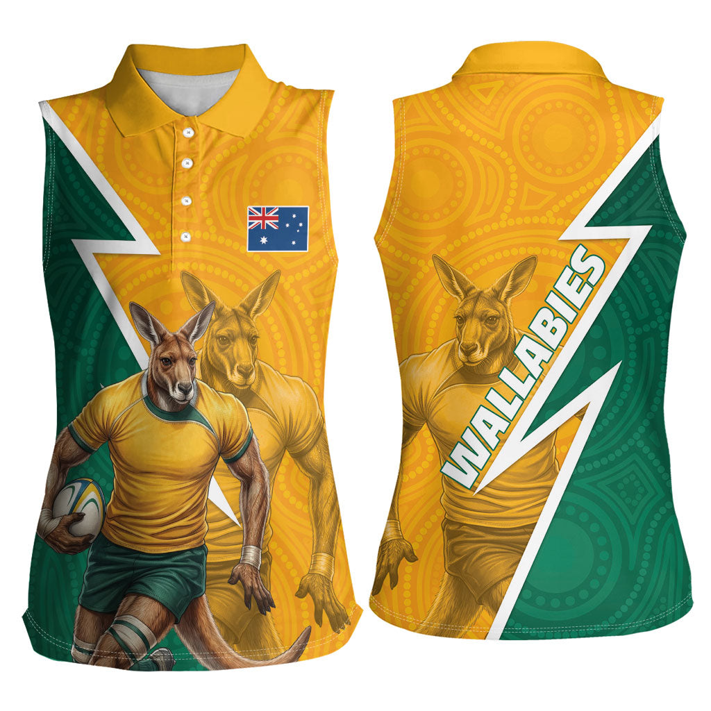 Australia Wallabies Kangaroo Women Sleeveless Polo Shirt Australia Flag And Lightning Bolt - Aboriginal Rugby Mascot