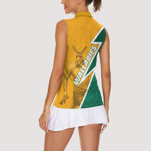 Australia Wallabies Kangaroo Women Sleeveless Polo Shirt Australia Flag And Lightning Bolt - Aboriginal Rugby Mascot