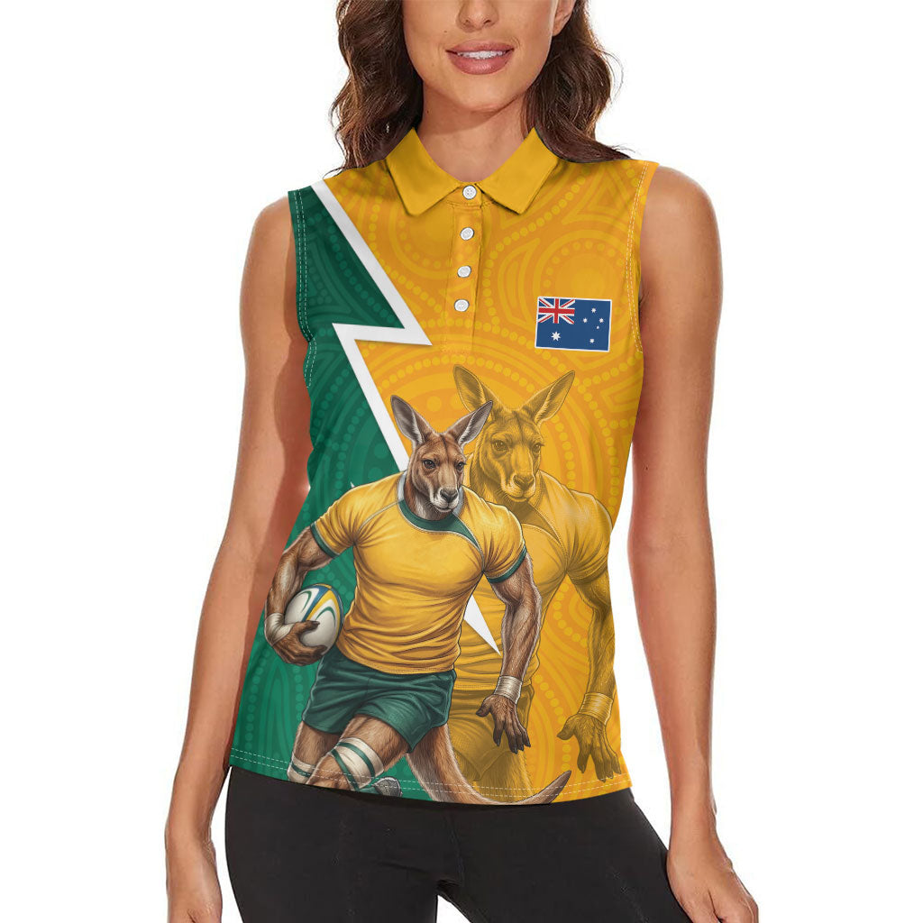 Australia Wallabies Kangaroo Women Sleeveless Polo Shirt Australia Flag And Lightning Bolt - Aboriginal Rugby Mascot