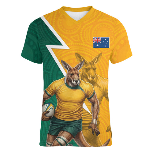 Australia Wallabies Kangaroo Women V-Neck T-Shirt Australia Flag And Lightning Bolt - Aboriginal Rugby Mascot