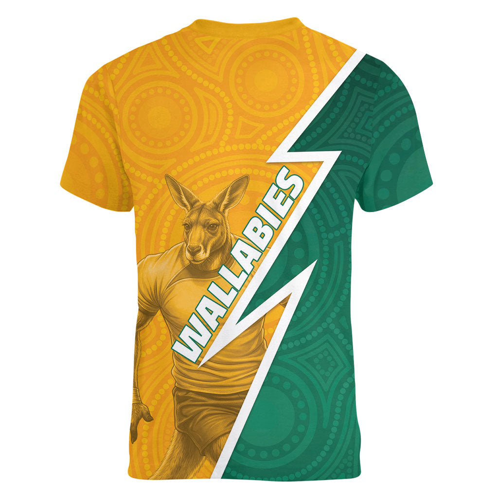 Australia Wallabies Kangaroo Women V-Neck T-Shirt Australia Flag And Lightning Bolt - Aboriginal Rugby Mascot