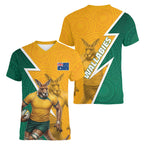 Australia Wallabies Kangaroo Women V-Neck T-Shirt Australia Flag And Lightning Bolt - Aboriginal Rugby Mascot