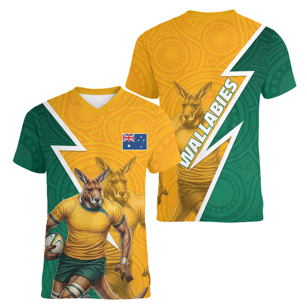 Australia Wallabies Kangaroo Women V-Neck T-Shirt Australia Flag And Lightning Bolt - Aboriginal Rugby Mascot