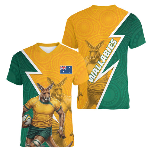 Australia Wallabies Kangaroo Women V-Neck T-Shirt Australia Flag And Lightning Bolt - Aboriginal Rugby Mascot