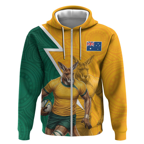 Australia Wallabies Kangaroo Zip Hoodie Australia Flag And Lightning Bolt - Aboriginal Rugby Mascot