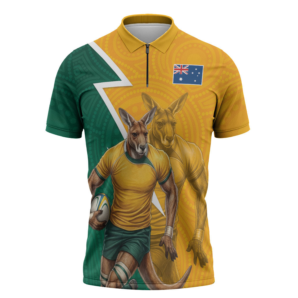 Australia Wallabies Kangaroo Zipper Polo Shirt Australia Flag And Lightning Bolt - Aboriginal Rugby Mascot