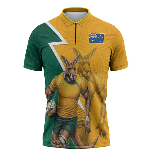 Australia Wallabies Kangaroo Zipper Polo Shirt Australia Flag And Lightning Bolt - Aboriginal Rugby Mascot
