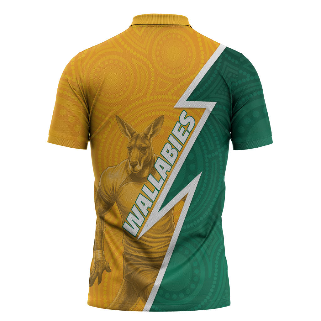 Australia Wallabies Kangaroo Zipper Polo Shirt Australia Flag And Lightning Bolt - Aboriginal Rugby Mascot