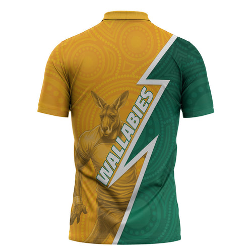 Australia Wallabies Kangaroo Zipper Polo Shirt Australia Flag And Lightning Bolt - Aboriginal Rugby Mascot