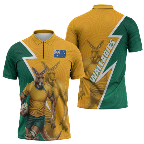 Australia Wallabies Kangaroo Zipper Polo Shirt Australia Flag And Lightning Bolt - Aboriginal Rugby Mascot