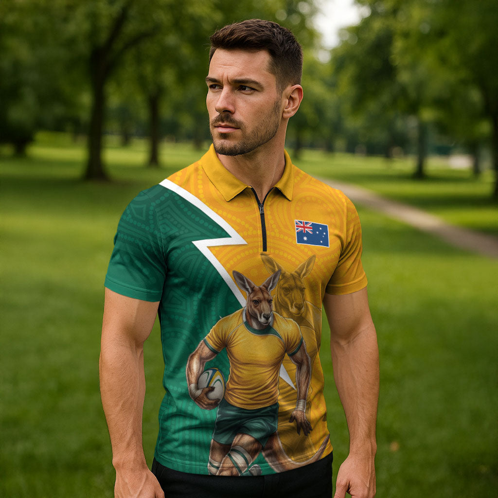 Australia Wallabies Kangaroo Zipper Polo Shirt Australia Flag And Lightning Bolt - Aboriginal Rugby Mascot