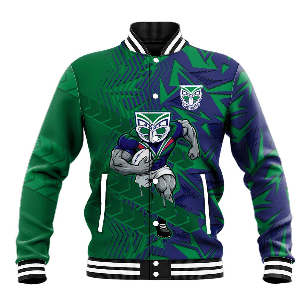 New Zealand Warriors Rugby Baseball Jacket Fierce Mascot Geometric Tribal Art