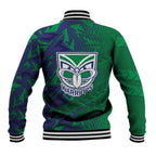 New Zealand Warriors Rugby Baseball Jacket Fierce Mascot Geometric Tribal Art