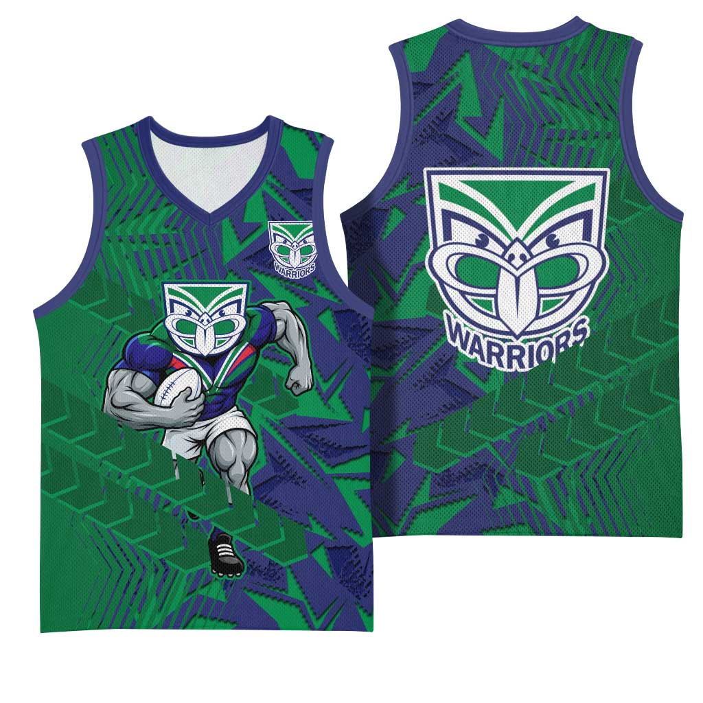 New Zealand Warriors Rugby Basketball Jersey Fierce Mascot Geometric Tribal Art