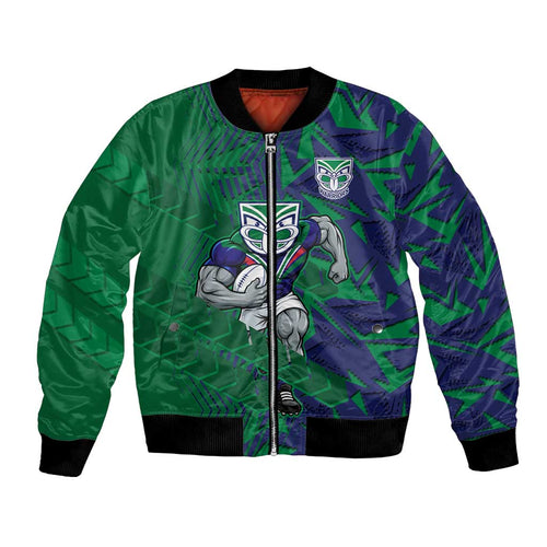 New Zealand Warriors Rugby Bomber Jacket Fierce Mascot Geometric Tribal Art