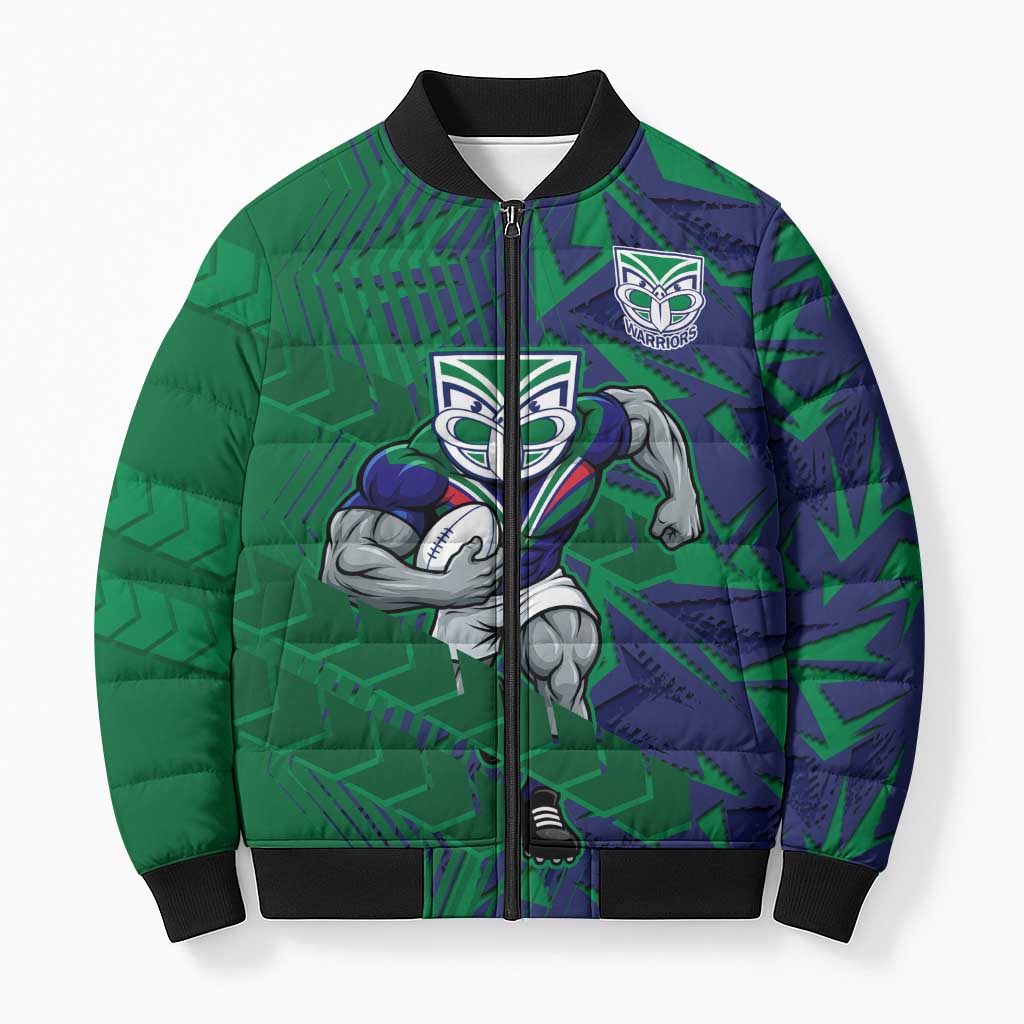 New Zealand Warriors Rugby Bomber Puffer Jacket Fierce Mascot Geometric Tribal Art