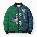 New Zealand Warriors Rugby Bomber Puffer Jacket Fierce Mascot Geometric Tribal Art