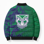 New Zealand Warriors Rugby Bomber Puffer Jacket Fierce Mascot Geometric Tribal Art