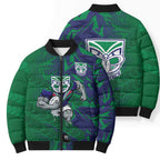 New Zealand Warriors Rugby Bomber Puffer Jacket Fierce Mascot Geometric Tribal Art