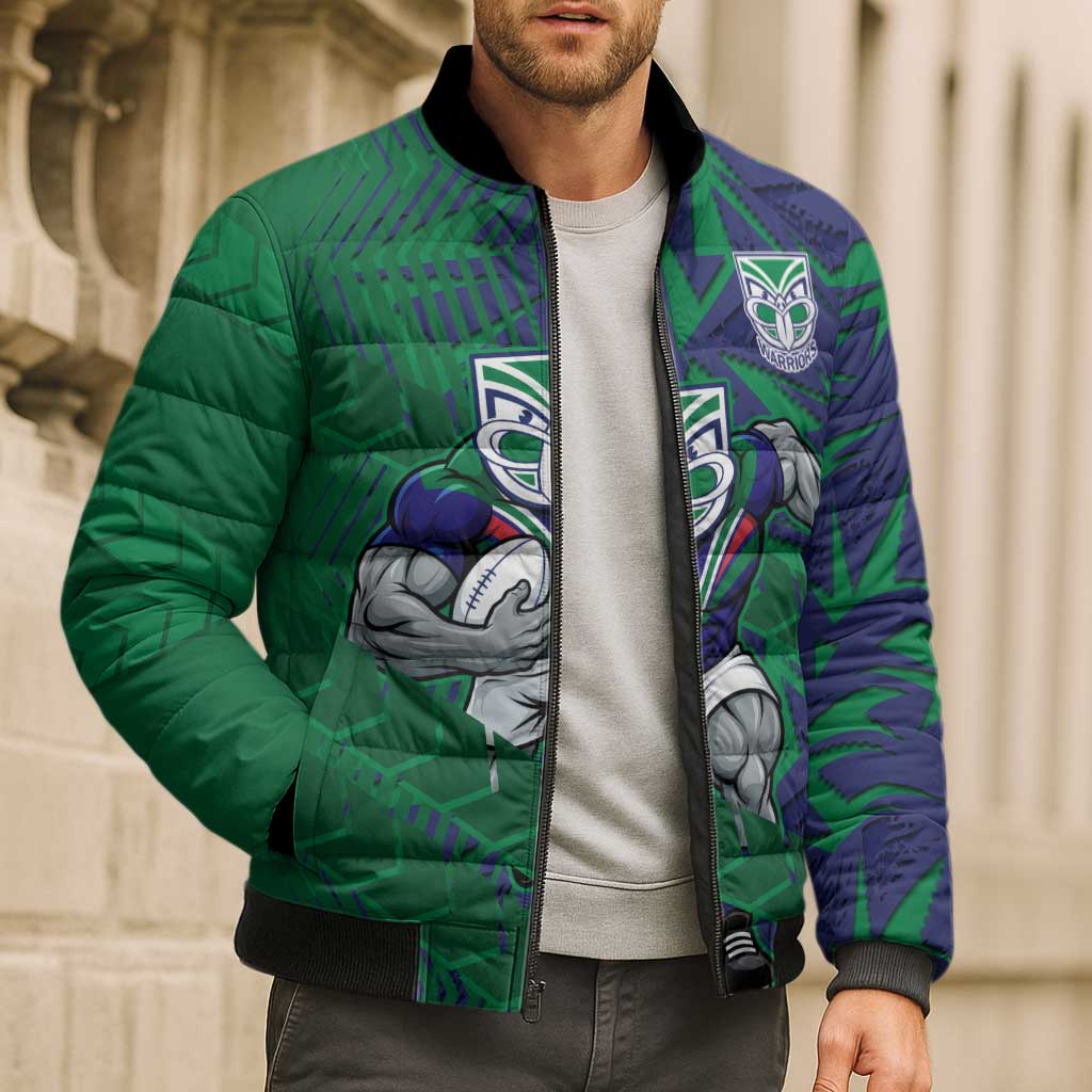 New Zealand Warriors Rugby Bomber Puffer Jacket Fierce Mascot Geometric Tribal Art