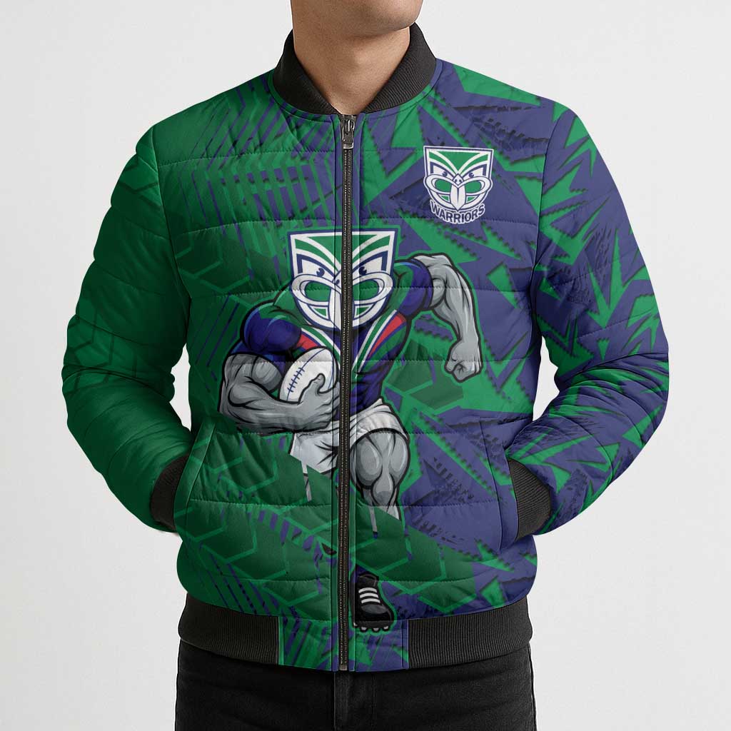 New Zealand Warriors Rugby Bomber Puffer Jacket Fierce Mascot Geometric Tribal Art