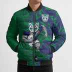 New Zealand Warriors Rugby Bomber Puffer Jacket Fierce Mascot Geometric Tribal Art
