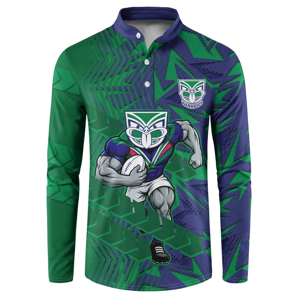 New Zealand Warriors Rugby Button Sweatshirt Fierce Mascot Geometric Tribal Art