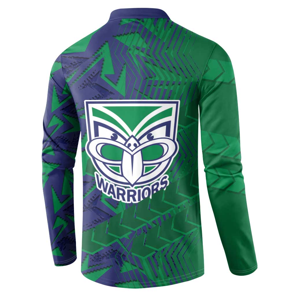 New Zealand Warriors Rugby Button Sweatshirt Fierce Mascot Geometric Tribal Art
