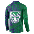 New Zealand Warriors Rugby Button Sweatshirt Fierce Mascot Geometric Tribal Art