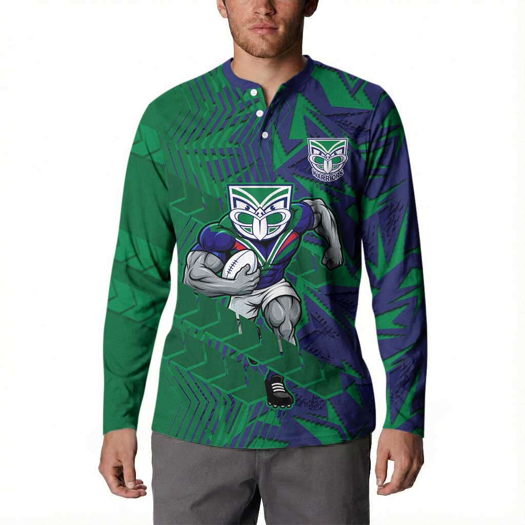 New Zealand Warriors Rugby Button Sweatshirt Fierce Mascot Geometric Tribal Art