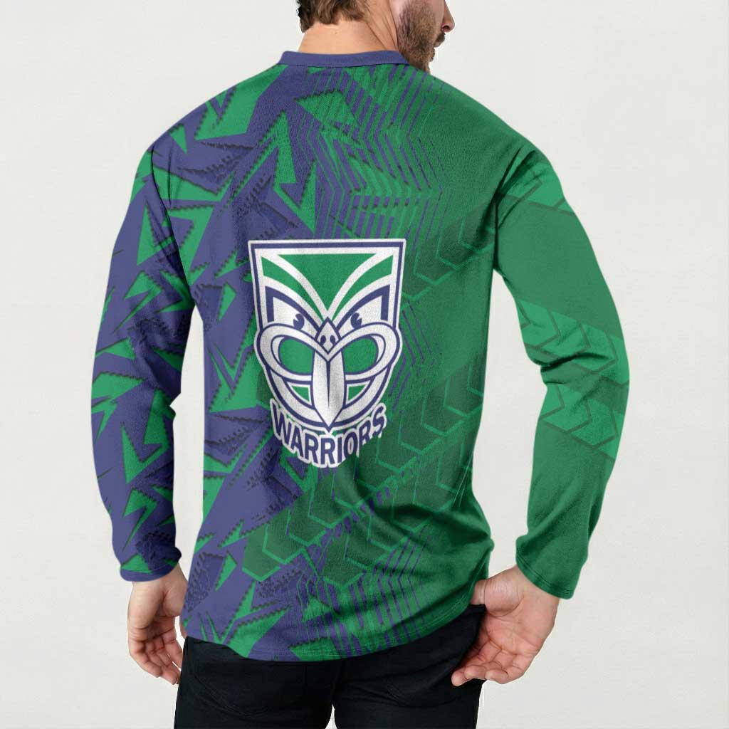 New Zealand Warriors Rugby Button Sweatshirt Fierce Mascot Geometric Tribal Art
