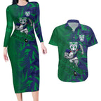New Zealand Warriors Rugby Couples Matching Long Sleeve Bodycon Dress and Hawaiian Shirt Fierce Mascot Geometric Tribal Art