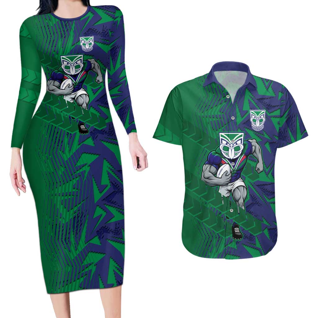 New Zealand Warriors Rugby Couples Matching Long Sleeve Bodycon Dress and Hawaiian Shirt Fierce Mascot Geometric Tribal Art