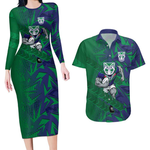 New Zealand Warriors Rugby Couples Matching Long Sleeve Bodycon Dress and Hawaiian Shirt Fierce Mascot Geometric Tribal Art