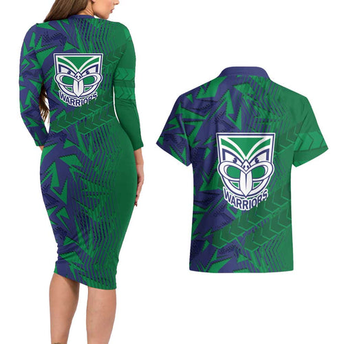 New Zealand Warriors Rugby Couples Matching Long Sleeve Bodycon Dress and Hawaiian Shirt Fierce Mascot Geometric Tribal Art