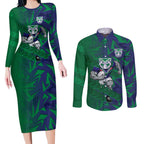 New Zealand Warriors Rugby Couples Matching Long Sleeve Bodycon Dress and Long Sleeve Button Shirt Fierce Mascot Geometric Tribal Art