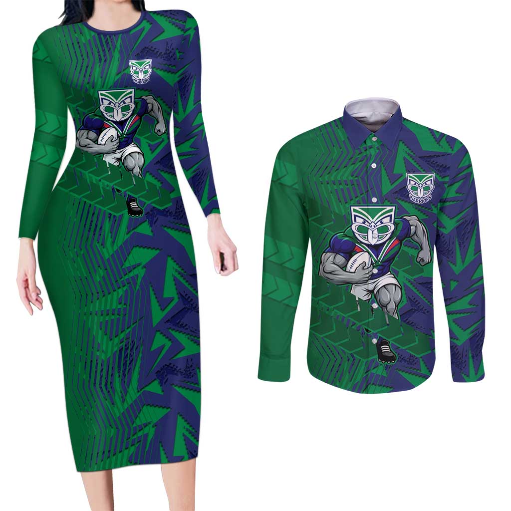 New Zealand Warriors Rugby Couples Matching Long Sleeve Bodycon Dress and Long Sleeve Button Shirt Fierce Mascot Geometric Tribal Art