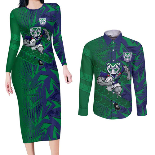 New Zealand Warriors Rugby Couples Matching Long Sleeve Bodycon Dress and Long Sleeve Button Shirt Fierce Mascot Geometric Tribal Art