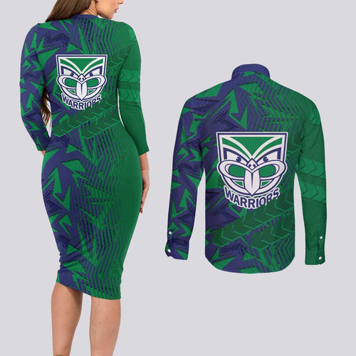 New Zealand Warriors Rugby Couples Matching Long Sleeve Bodycon Dress and Long Sleeve Button Shirt Fierce Mascot Geometric Tribal Art