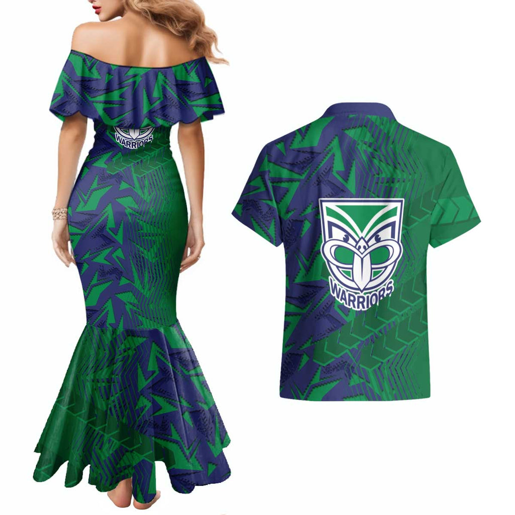 New Zealand Warriors Rugby Couples Matching Mermaid Dress and Hawaiian Shirt Fierce Mascot Geometric Tribal Art