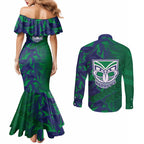 New Zealand Warriors Rugby Couples Matching Mermaid Dress and Long Sleeve Button Shirt Fierce Mascot Geometric Tribal Art