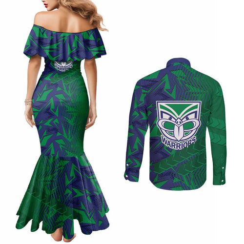 New Zealand Warriors Rugby Couples Matching Mermaid Dress and Long Sleeve Button Shirt Fierce Mascot Geometric Tribal Art